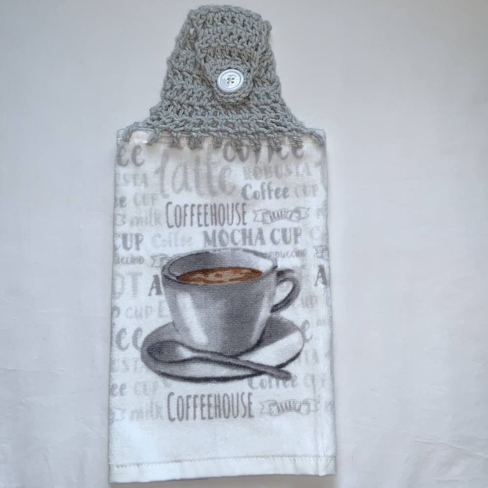 Hand Crafted Crochet Top Coffee House Hanging Kitchen or Bathroom Hand Towel - Picture 3 of 7